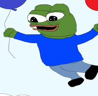 pepe floating away holding balloons 