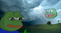 pepe sad in field with happy face 