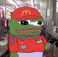 pepe sad working at mcdonalds flipping burgers 