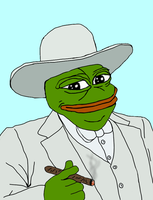 pepe white suit cowboy hat smoking cigar 